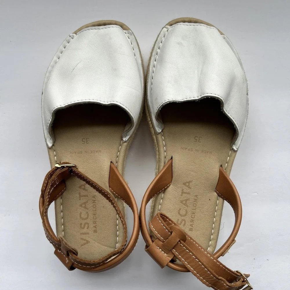 VISCATA BARCELONA Brown White Leather Espadrille Sandals Ankle Strap‎ EU 35 US 5